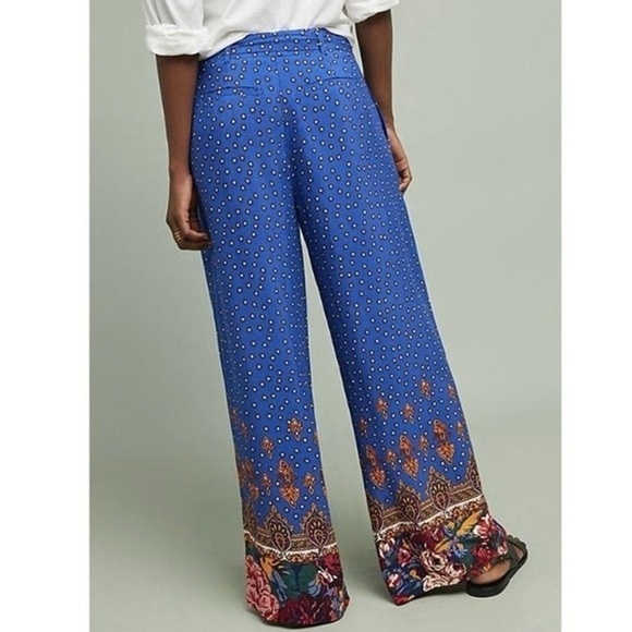 Anthropologie Blue Floral Wide-Leg Tie Waist Pants - Picture 3 of 4